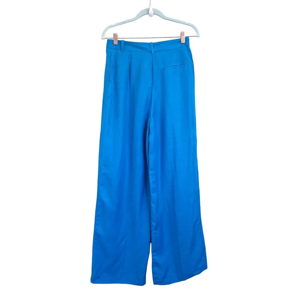 Zara Womens Wide Leg Flowy Linen Blend Pants Size S Aqua Blue‎ High Rise Pleated